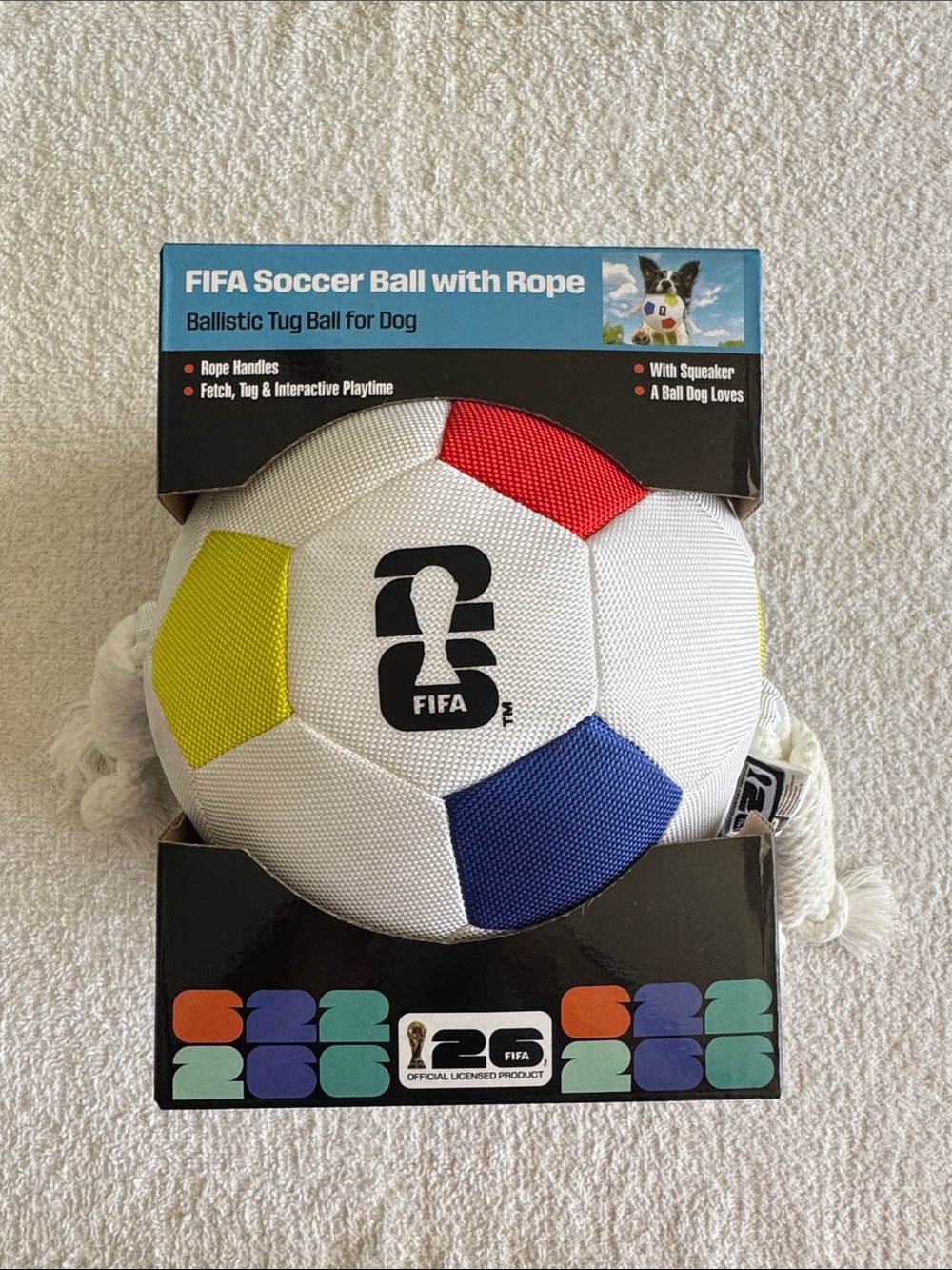 FIFA Soccer Ball with Rope White, Red & Yellow Dog Tug Toy